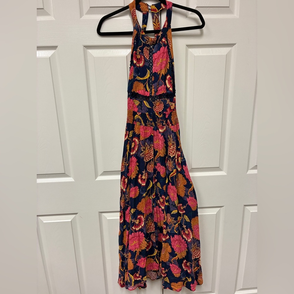 Japna Navy Floral Halter Back-Tie Maxi Dress with Pink & Orange Blooms - Picture 3 of 7